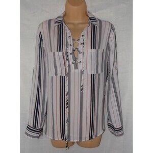 White Striped Sz Medium Blouse Sheer Roll Tab Sleeve Shirt DNA COUTURE